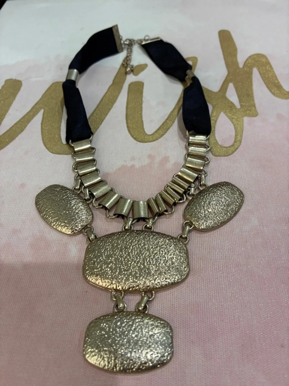 Silver Statement Necklace with Black Ribbon